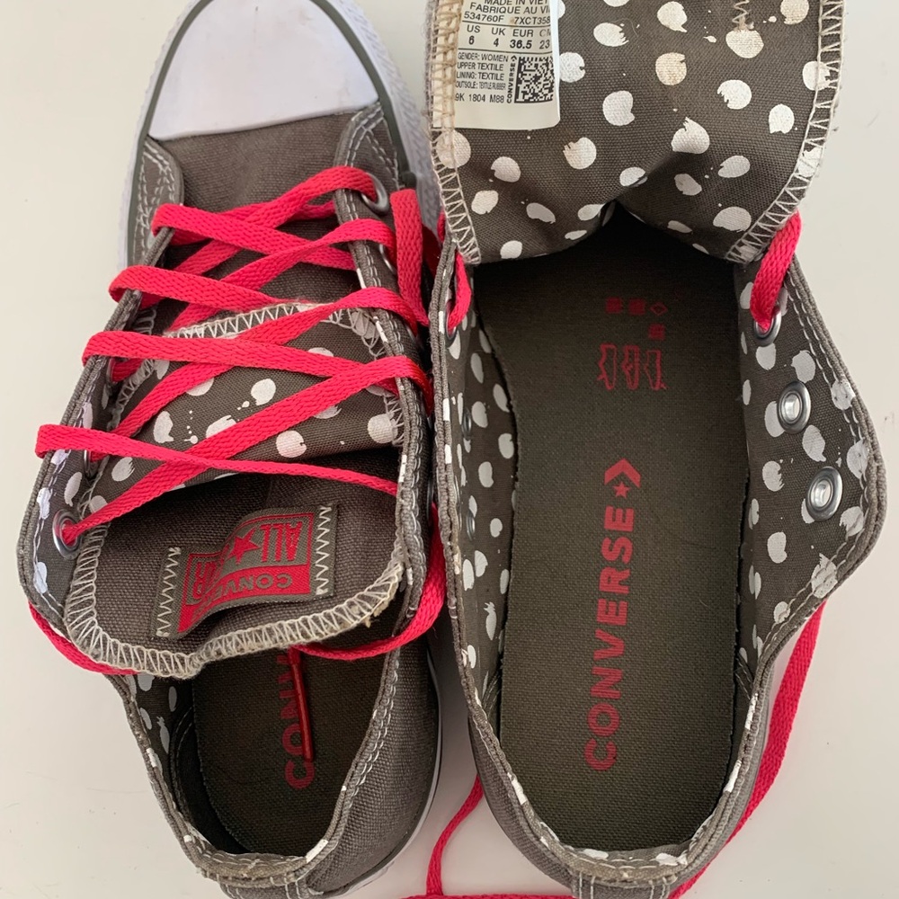 Converse All Stars Dark Khaki double tongue Sneakers w/ pink laces & accents Sz6 - Picture 4 of 7
